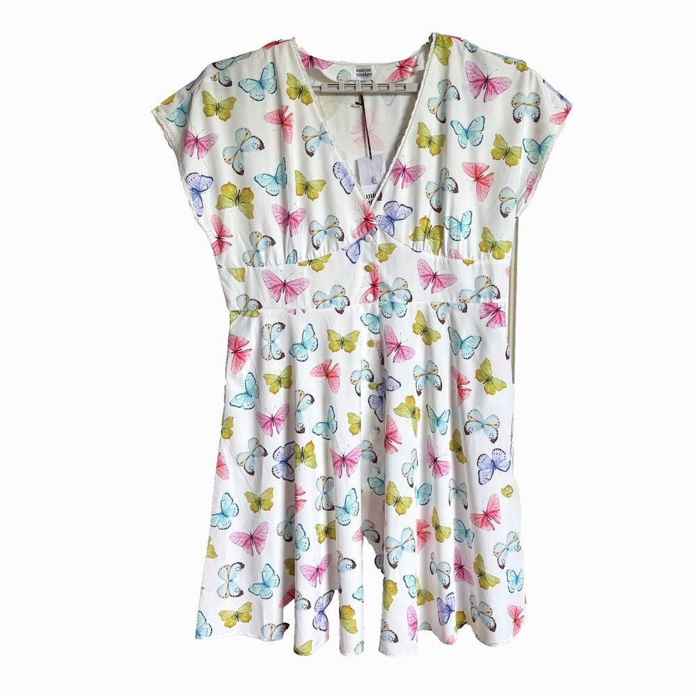 Unique Vintage dress womens 3X white butterfly print retro NEW missing belt